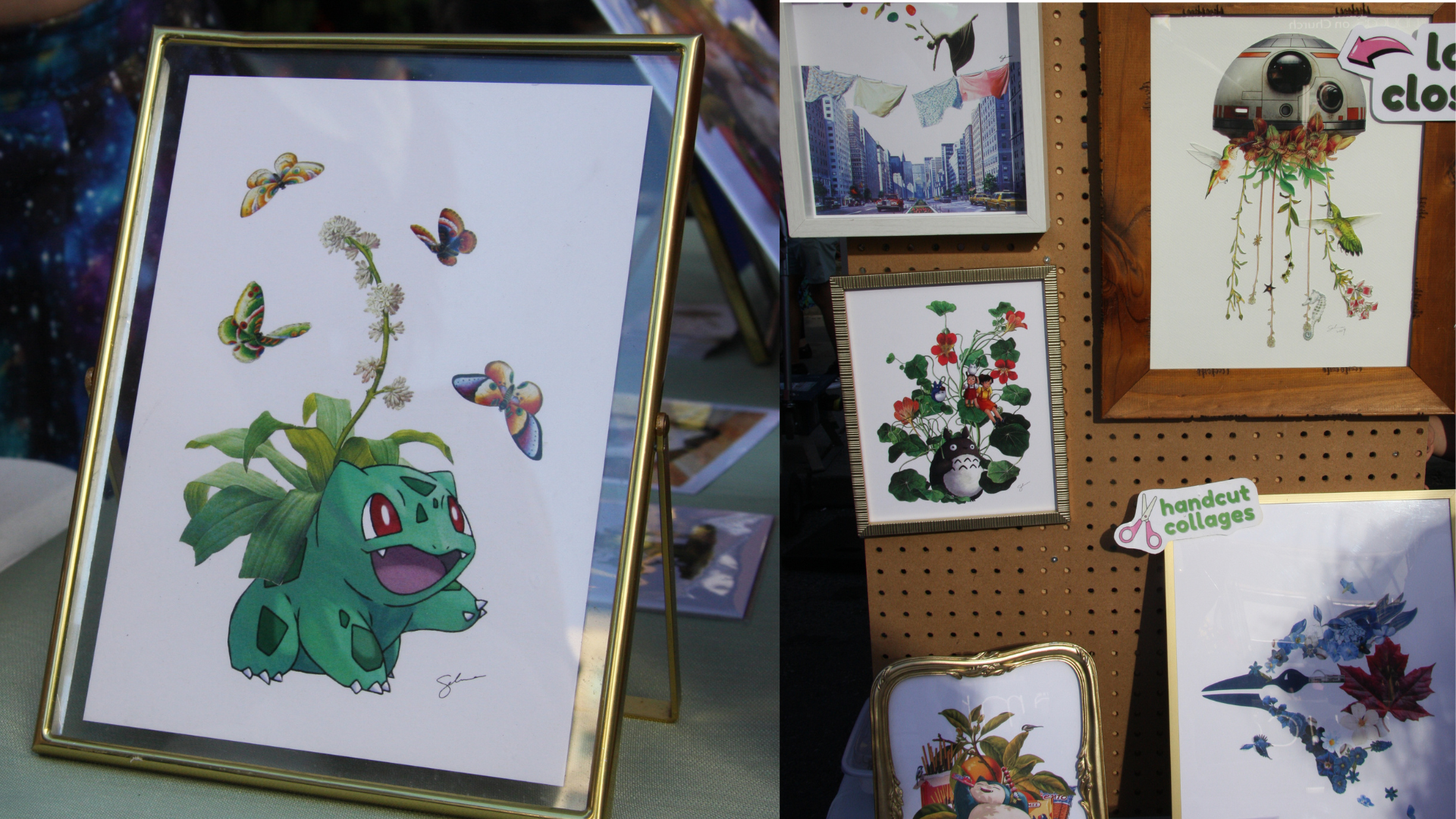 On the left, a framed collage print of Bulbasaur with butterflies and flowering foliage sits on an easel in a gold frame. On the right, a pegboard display holds several framed handcut paper collages — including a cityscape with a clothesline, a droid-and-flowers piece.