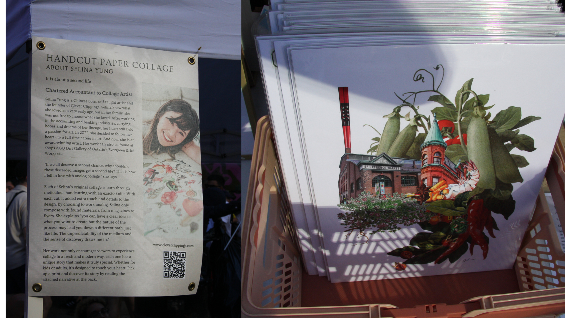 Selina Yung's artist bio sign and a St. Lawrence Market-themed collage print at the Clever Clippings booth.