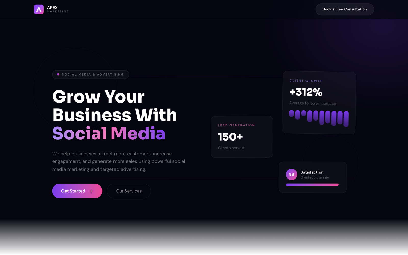 The Apex Marketing landing page, a lead-generation page for an advertising agency.