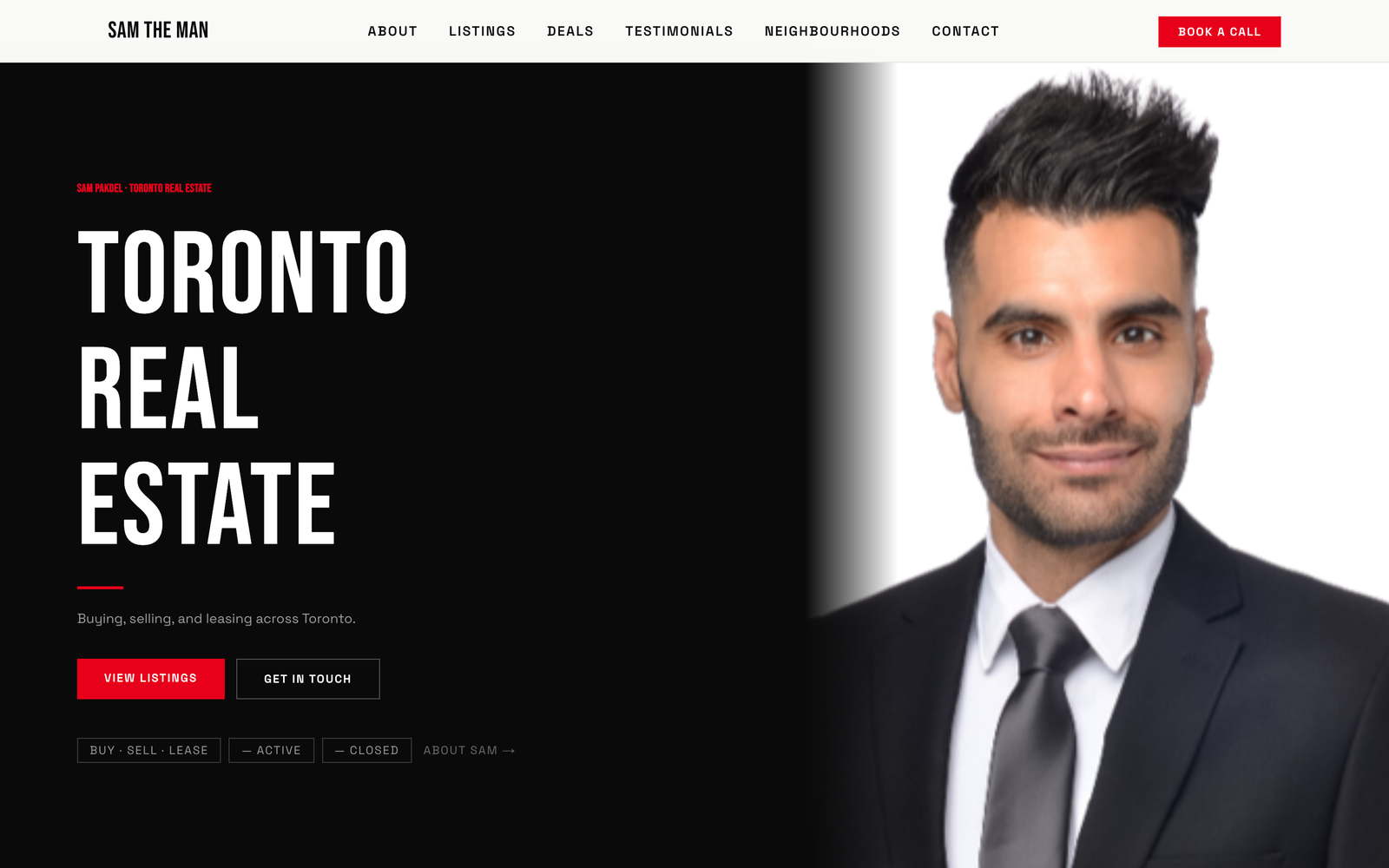 The Sam Pakdel Realty home page: a black editorial layout with the headline &ldquo;Toronto Real Estate&rdquo; and a portrait of the agent.