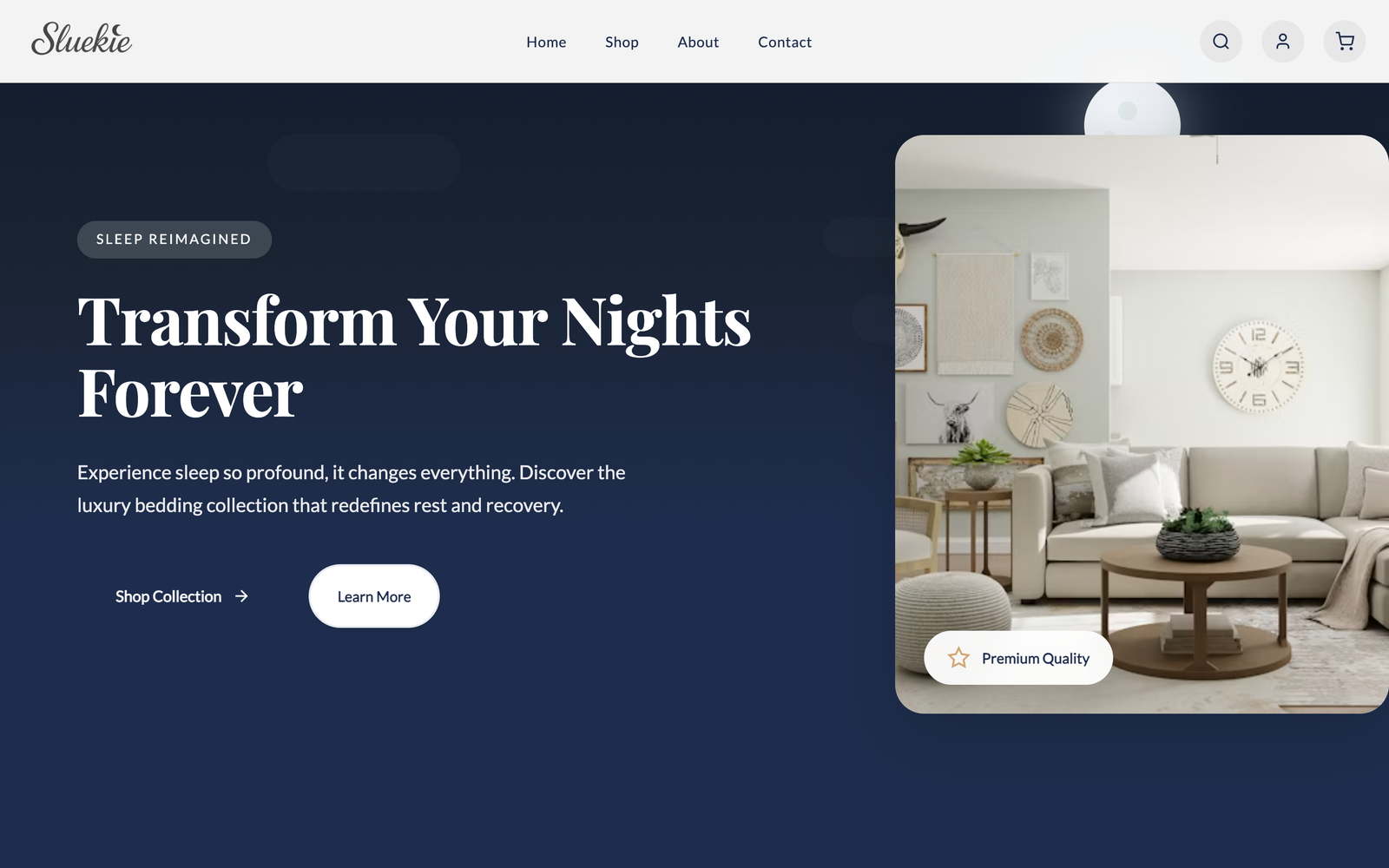 The Sluekie storefront home page: a silk bedding brand, with a navy hero, the headline &ldquo;Transform Your Nights Forever&rdquo; and a product room photograph beside it.